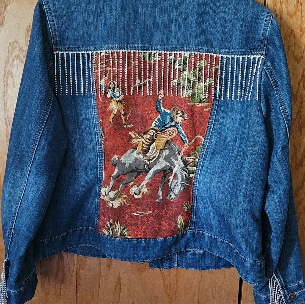 One of a kind Upcycled Fringe Jean jacket